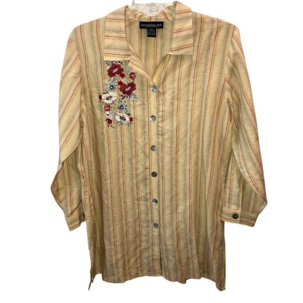 Monterey Bay 18 W Yellow Striped 3/4 Sleeve Flowers Linen Blend Button Shirt Top